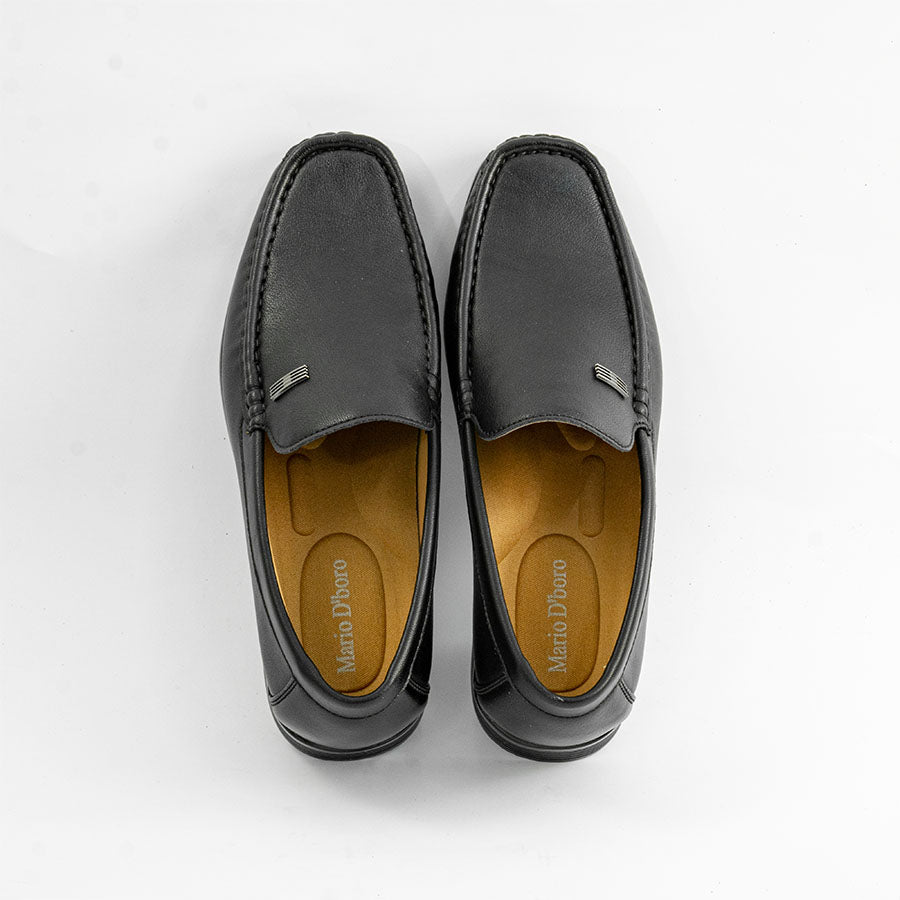 Mario D' boro MZ 27297 C98 Black leather men's loafer slip-on shoe with yellow lining and decorative metal accent.