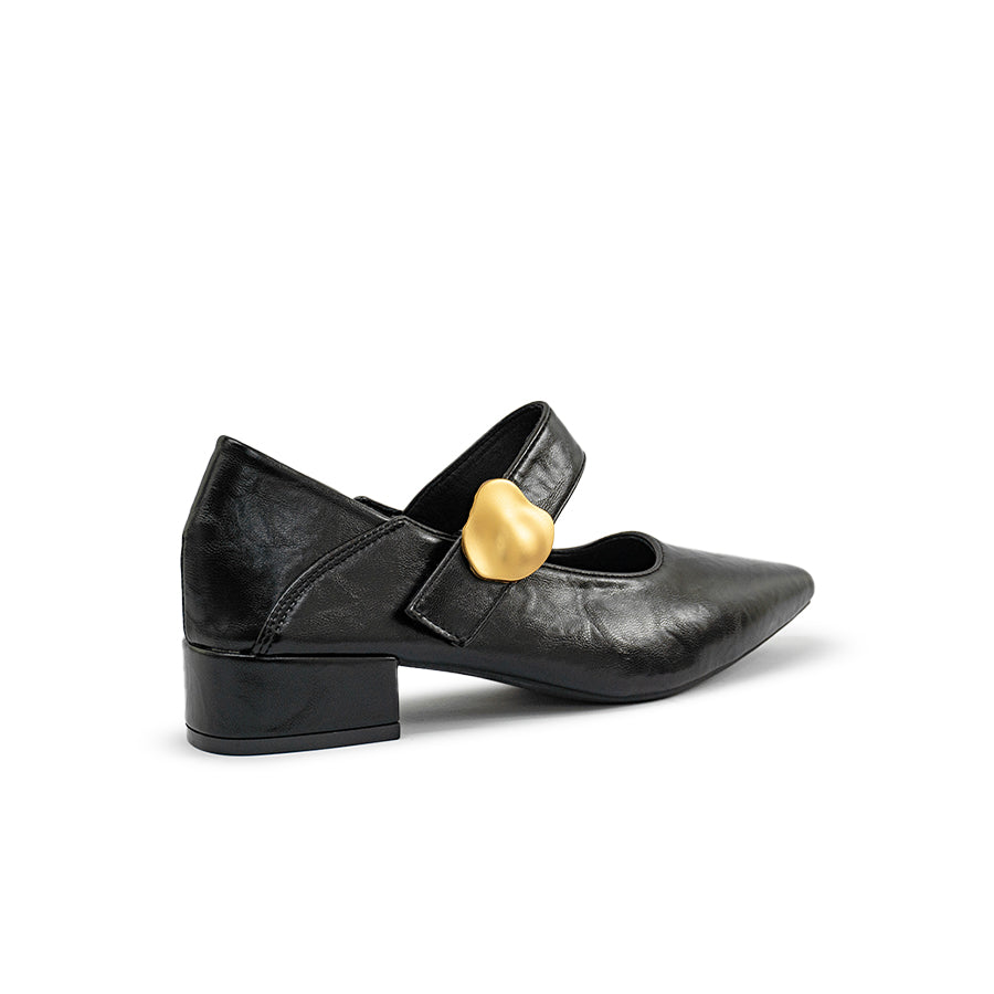 Mario D' boro Women's LZ 30312 C97 Black leather Mary Jane shoe with gold heart buckle and low block heel.