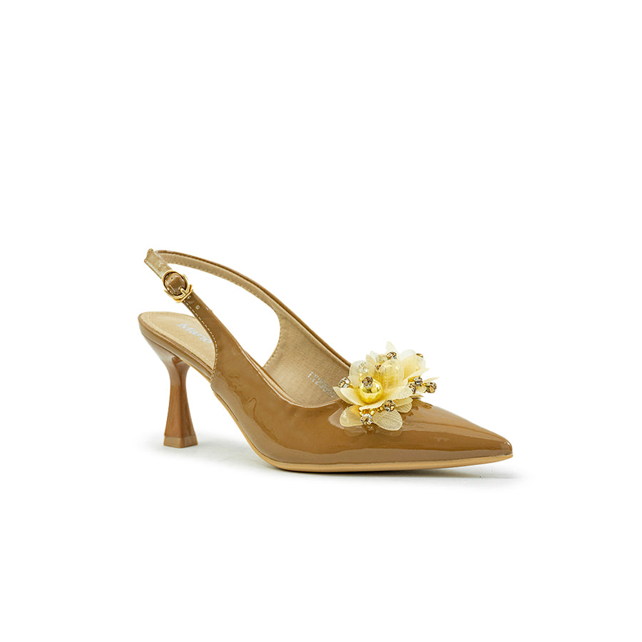 Mario D' boro LY 29665 C90 Brown / Taupe patent leather slingback high heel with pointed toe and decorative yellow flower embellishment.