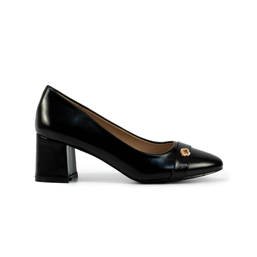 Mario D' boro LZ 30575 C102 Women's Black / Dark Brown pump with block heel and gold embellishment.