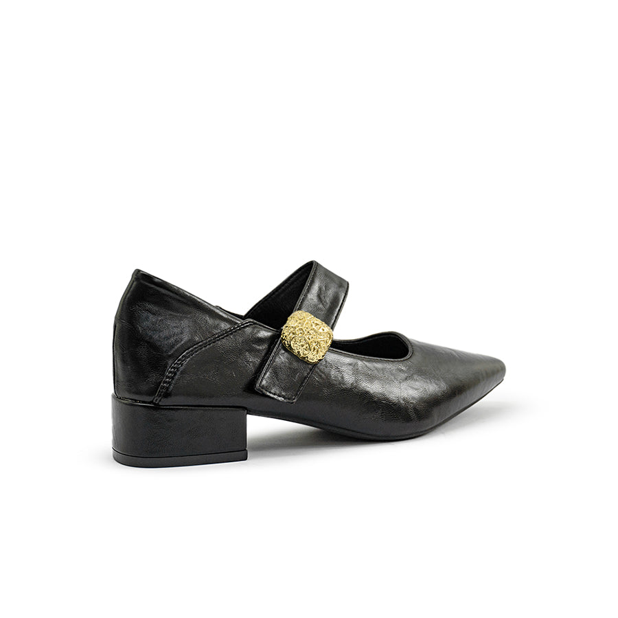Mario D' boro Women's LZ 30311 C97 Black Mary Jane shoe with gold buckle and block heel.