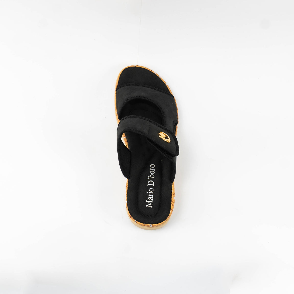 Mario D' boro Women's LZ 30542 C99 Black / Brown slip-on sandal with cork sole and gold emblem.