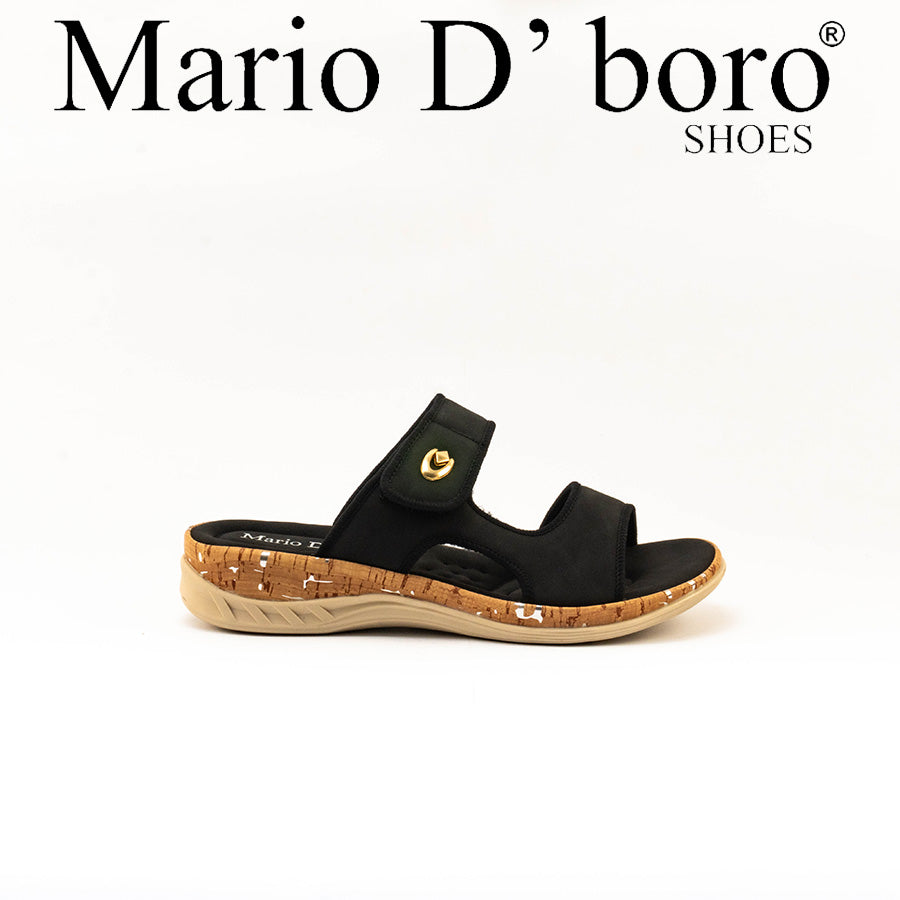 Mario D' boro Women's LZ 30542 C99 Black / Brown slip-on sandal with cork sole and gold emblem.