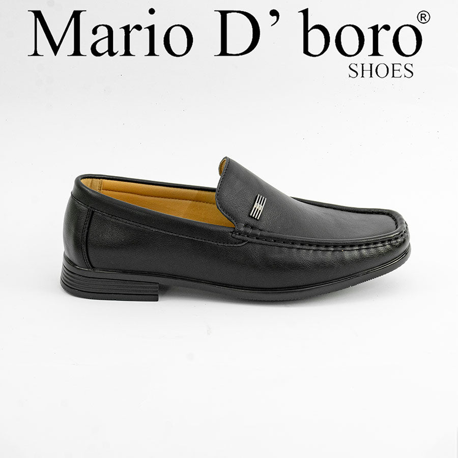 Mario D' boro MZ 27297 C98 Black leather men's loafer slip-on shoe with yellow lining and decorative metal accent.