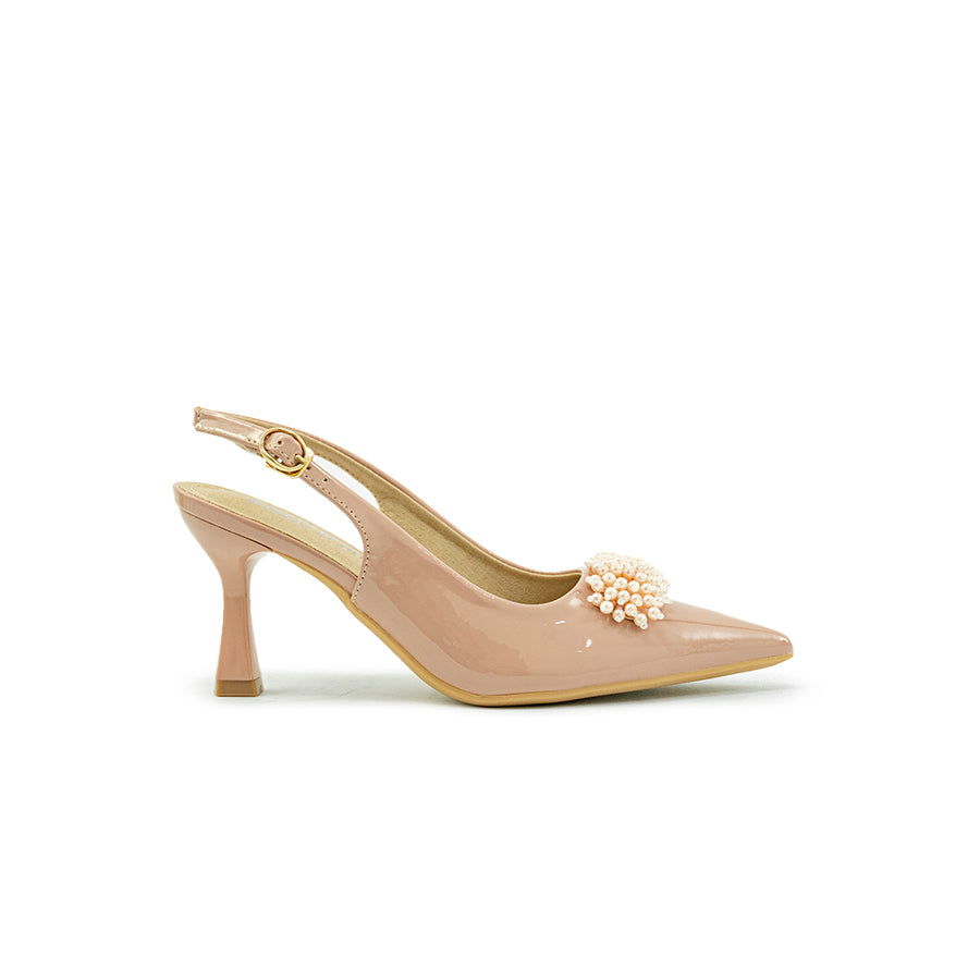Mario D' boro LY 29663 Old Rose / Taupe patent slingback high heel with pointed toe and decorative pearl embellishment.