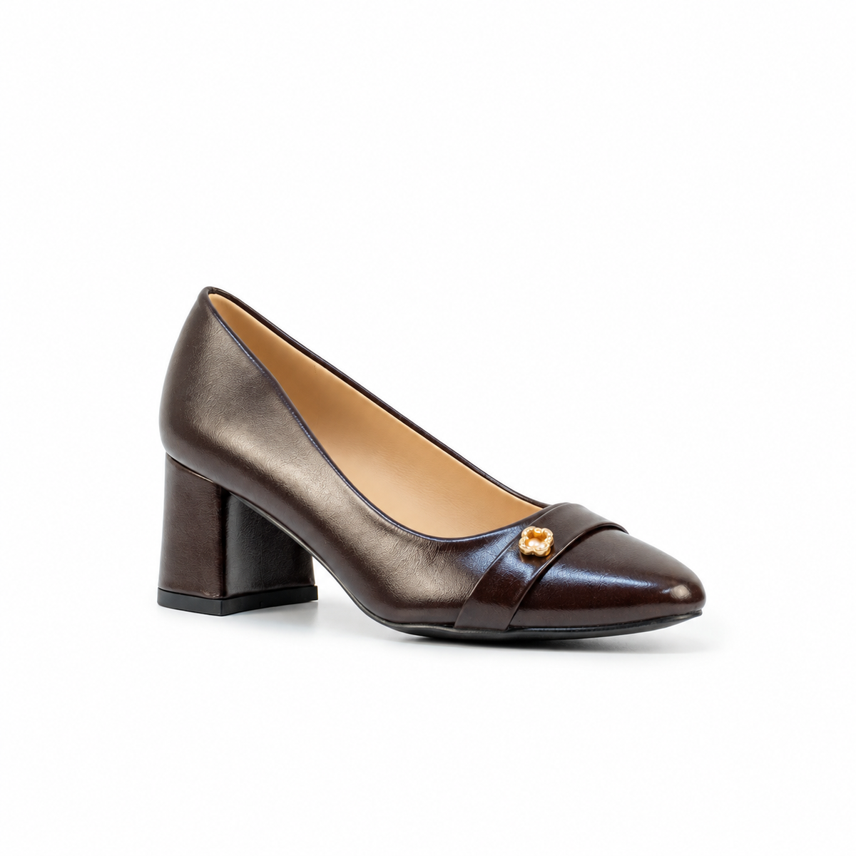 Mario D' boro LZ 30575 C102 Women's Black / Dark Brown pump with block heel and gold embellishment.
