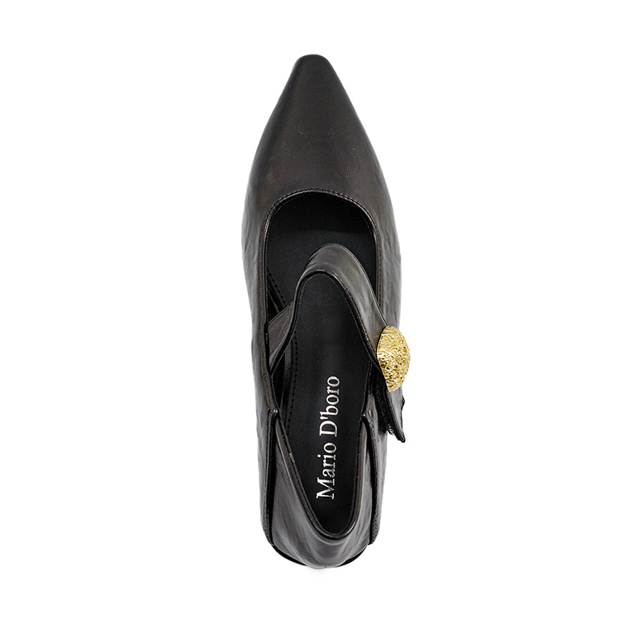Mario D' boro Women's LZ 30311 C97 Black Mary Jane shoe with gold buckle and block heel.