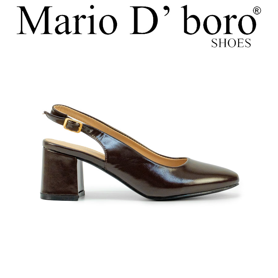 Mario D' boro LZ 30574 C102 Black / Dark Brown patent leather slingback heeled with block heel and adjustable buckle strap.