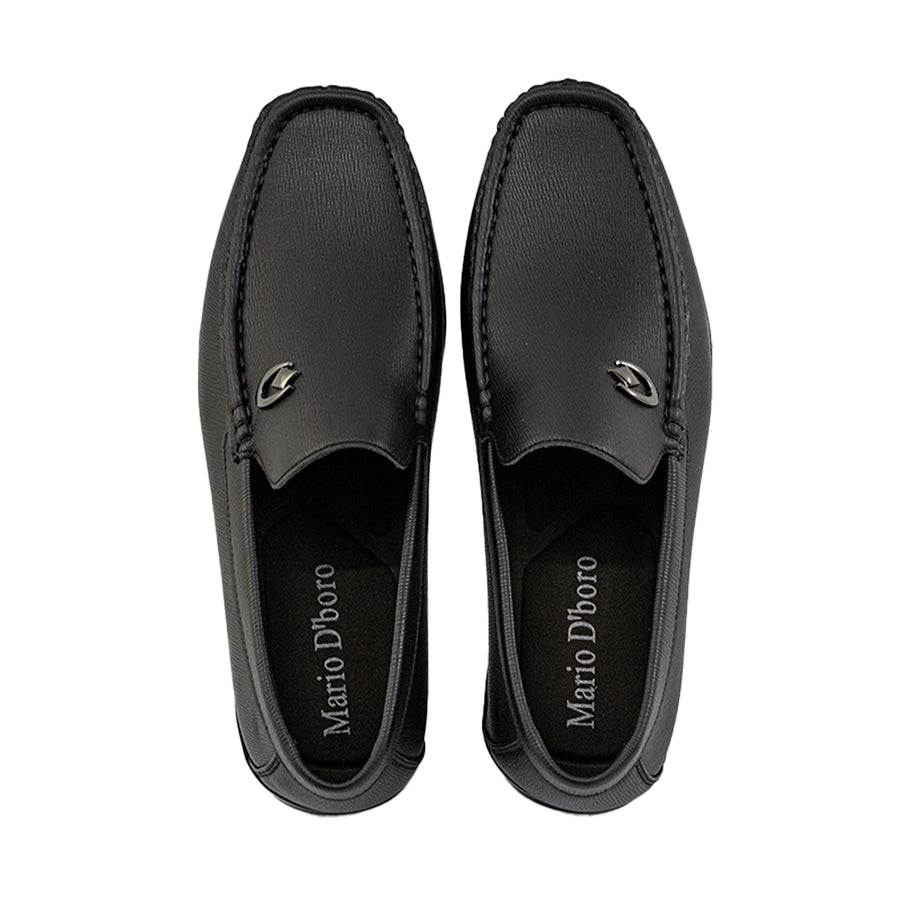 Mario D' boro Men's MZ 27131 C95 Black leather loafer with metallic emblem on upper side.