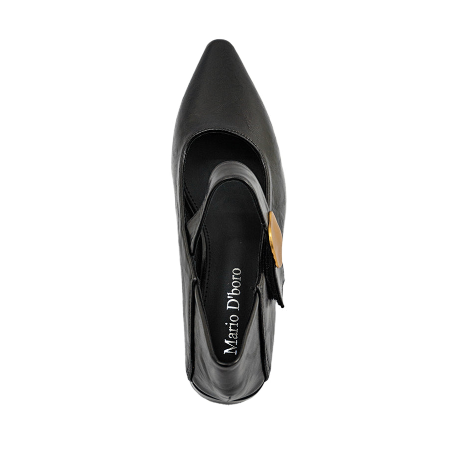 Mario D' boro Women's LZ 30312 C97 Black leather Mary Jane shoe with gold heart buckle and low block heel.