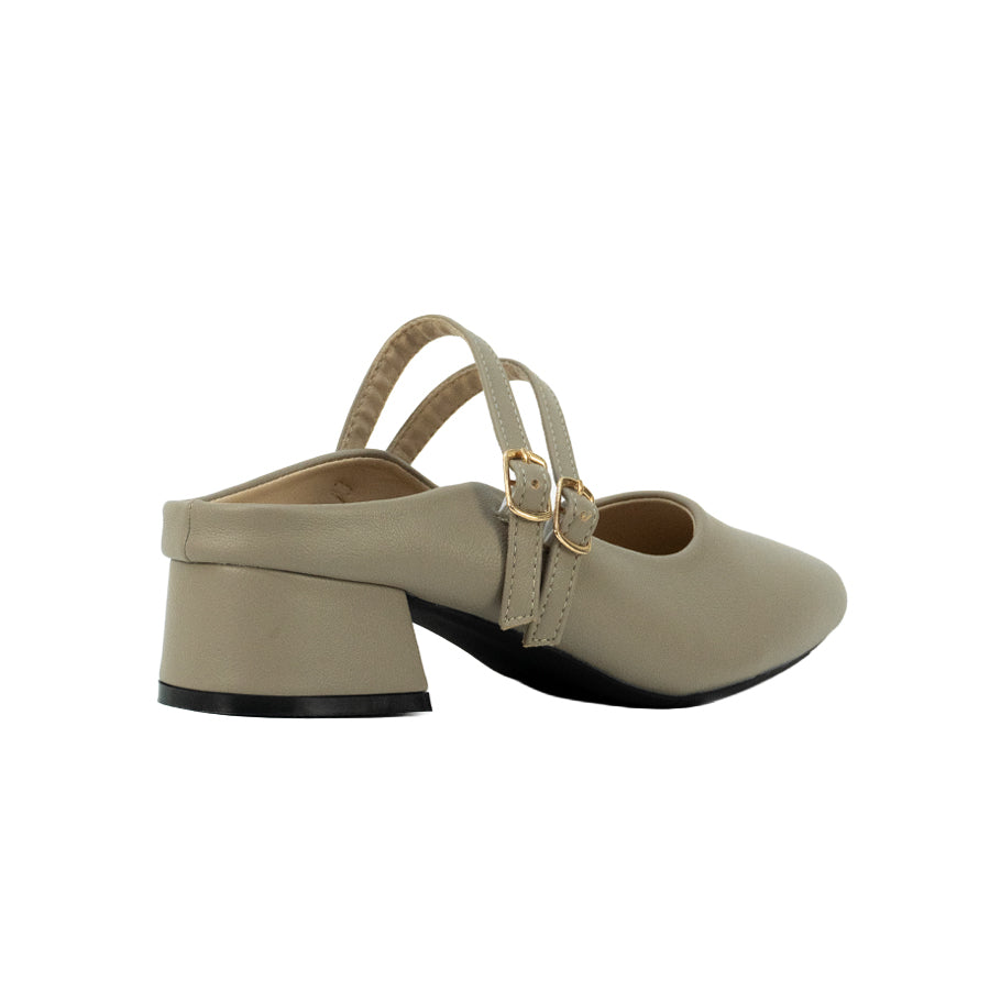 Mario D' boro LZ 30632 C102 Light Beige / Taupe Women's heeled mule with two straps and gold buckles.