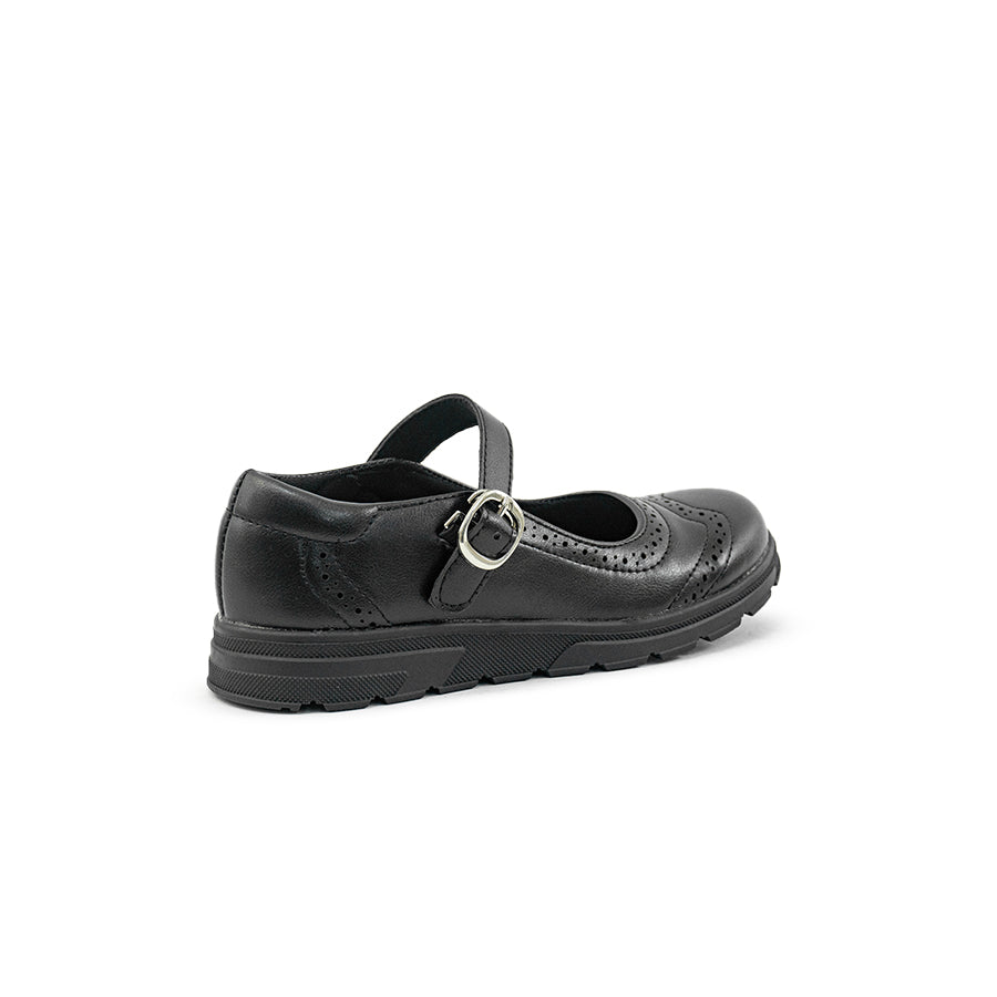 Mario D' boro Kids Girls KZ 24099 C91 Black Mary Jane shoe with buckle strap and brogue detailing. Flat sole suitable for casual wear.