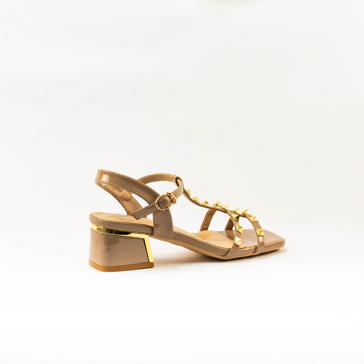Mario D' boro Women's LZ 30411 C99 Beige / Taupe studded block heel sandal with ankle strap and square toe.