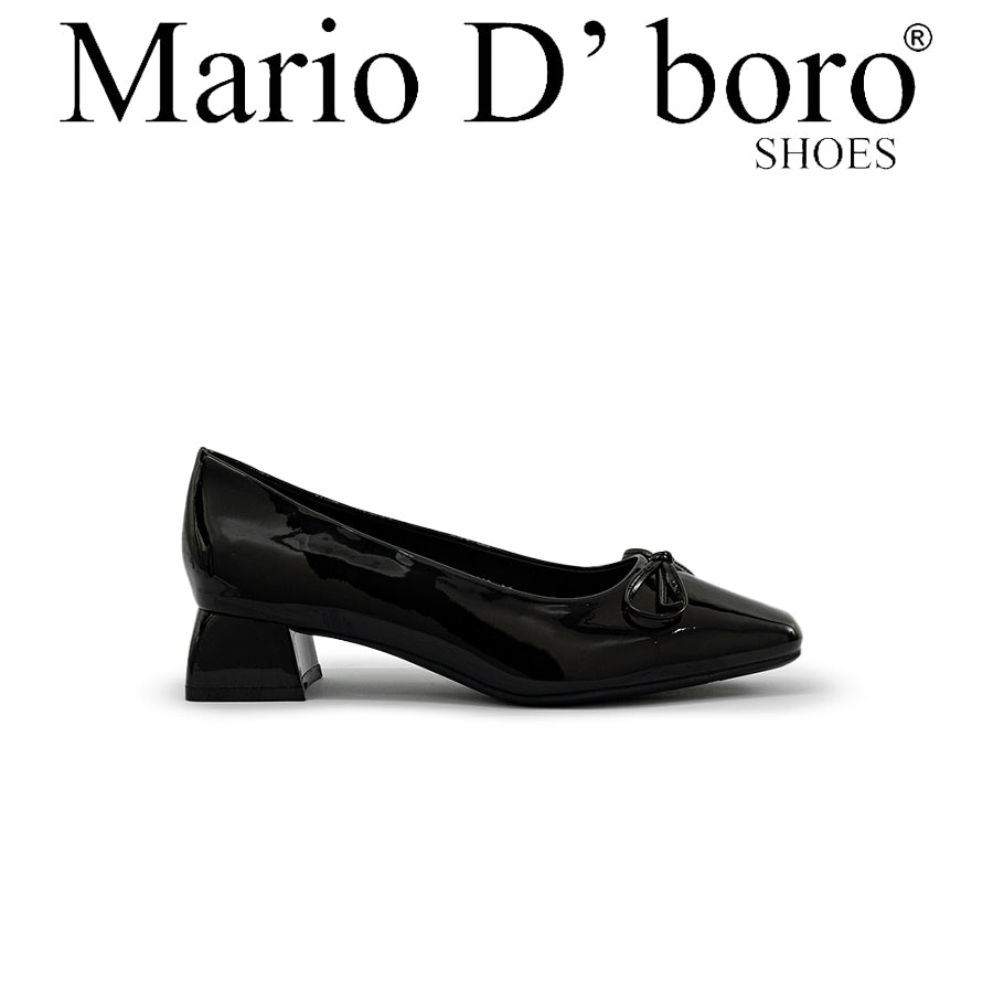 Mario D' boro Women's LZ 30110 C97 Black / Taupe patent leather pump with bow detail and block heel.