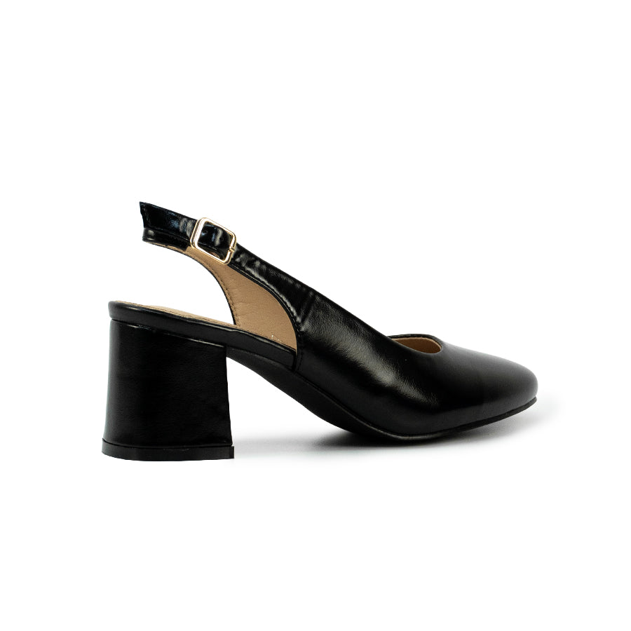 Mario D' boro LZ 30574 C102 Black / Dark Brown patent leather slingback heeled with block heel and adjustable buckle strap.