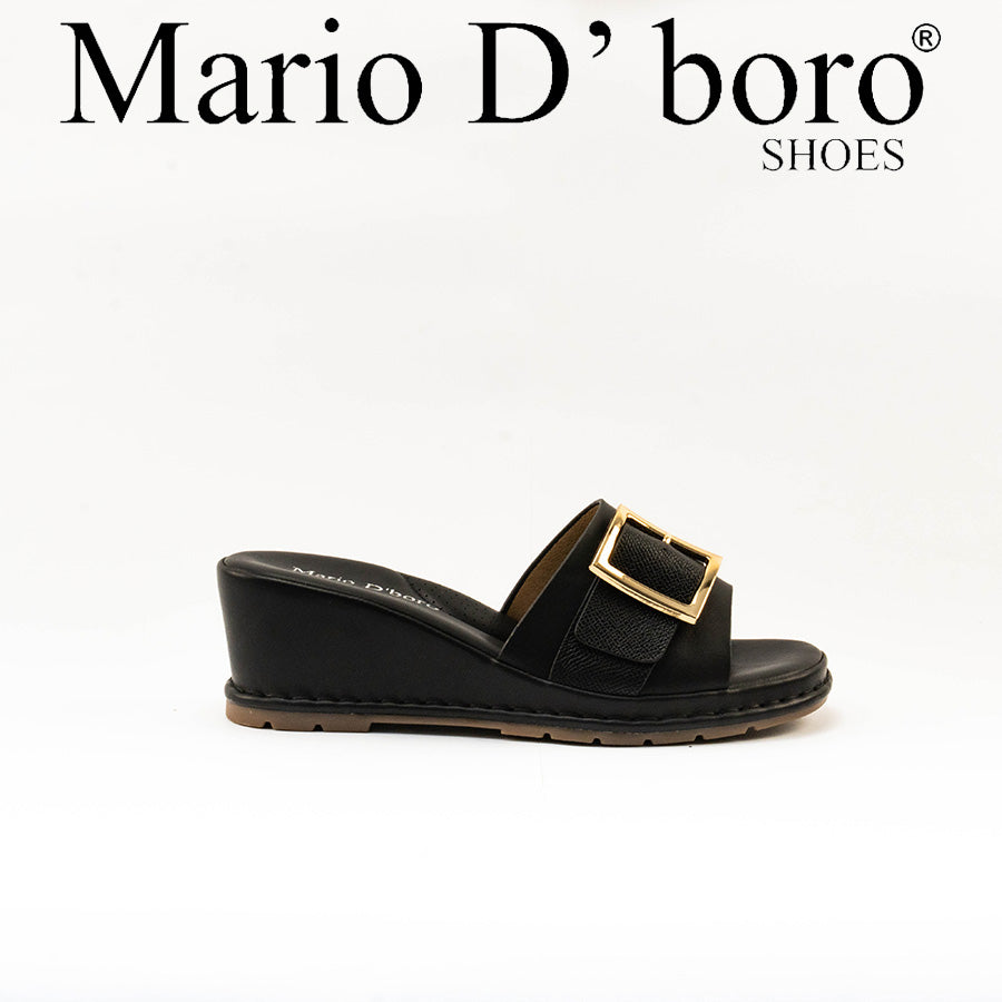 Mario D' boro Women's LZ 30445 C99 Black / Taupe wedge sandal with gold buckle strap.