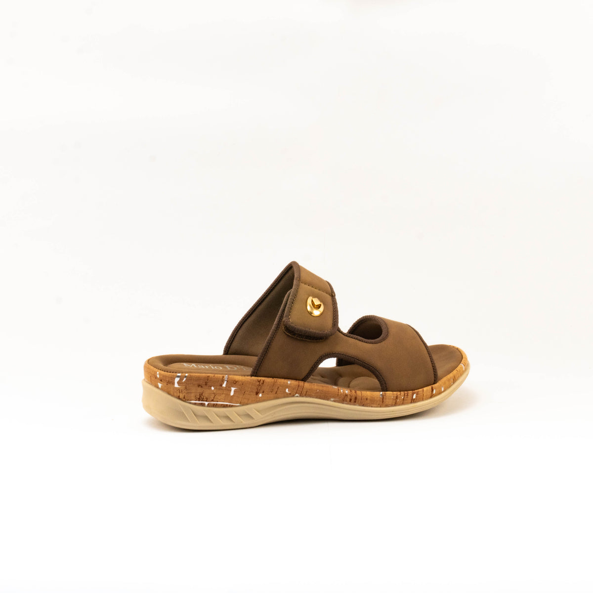 Mario D' boro Women's LZ 30542 C99 Black / Brown slip-on sandal with cork sole and gold emblem.