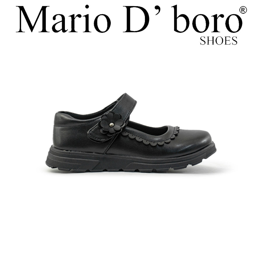 Mario D' boro Kids Girls KZ 24100 C91 Black Mary Jane shoe with strap and flower detail.