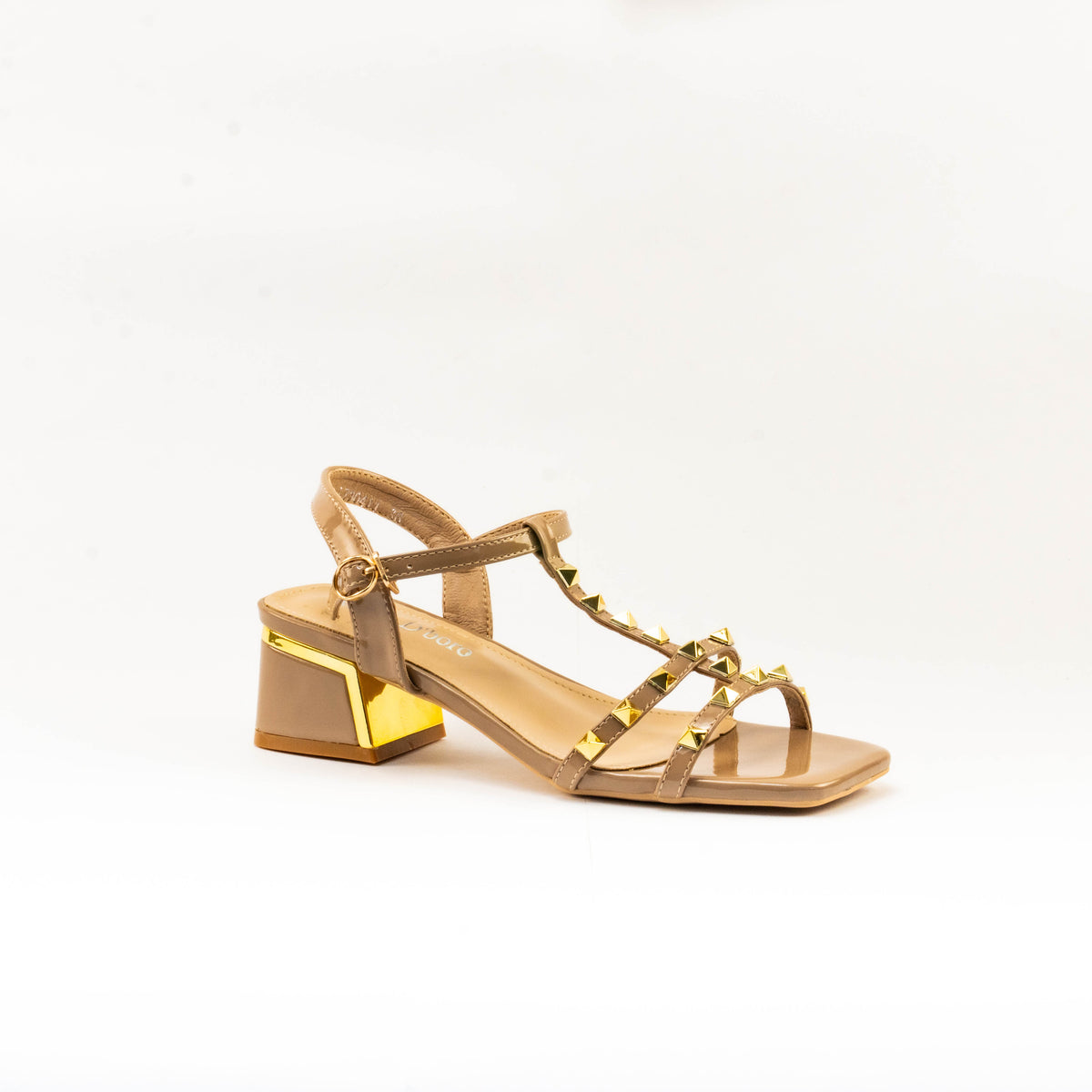 Mario D' boro Women's LZ 30411 C99 Beige / Taupe studded block heel sandal with ankle strap and square toe.