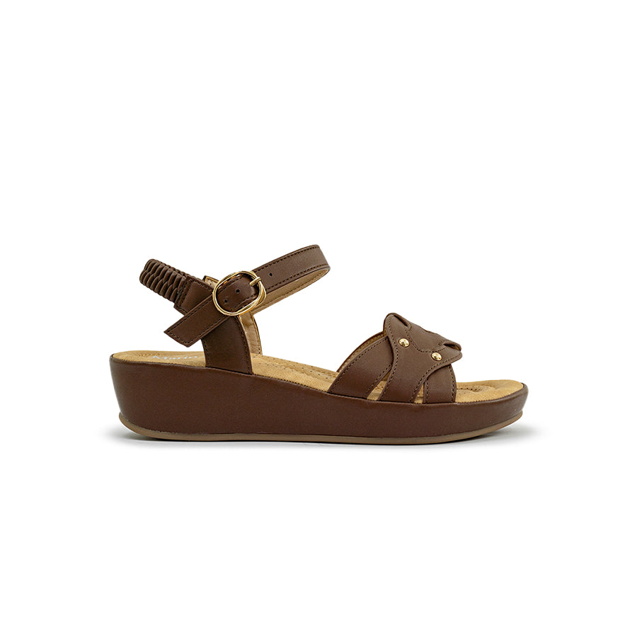 Mario D' boro Women's LZ 30400 C97 Beige / Dark Brown wedge sandal with ankle strap and decorative studs.