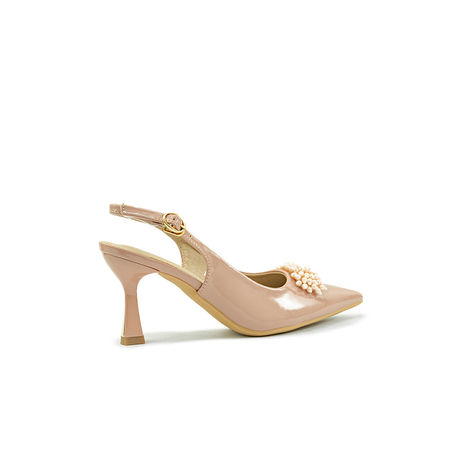 Mario D' boro LY 29663 Old Rose / Taupe patent slingback high heel with pointed toe and decorative pearl embellishment.
