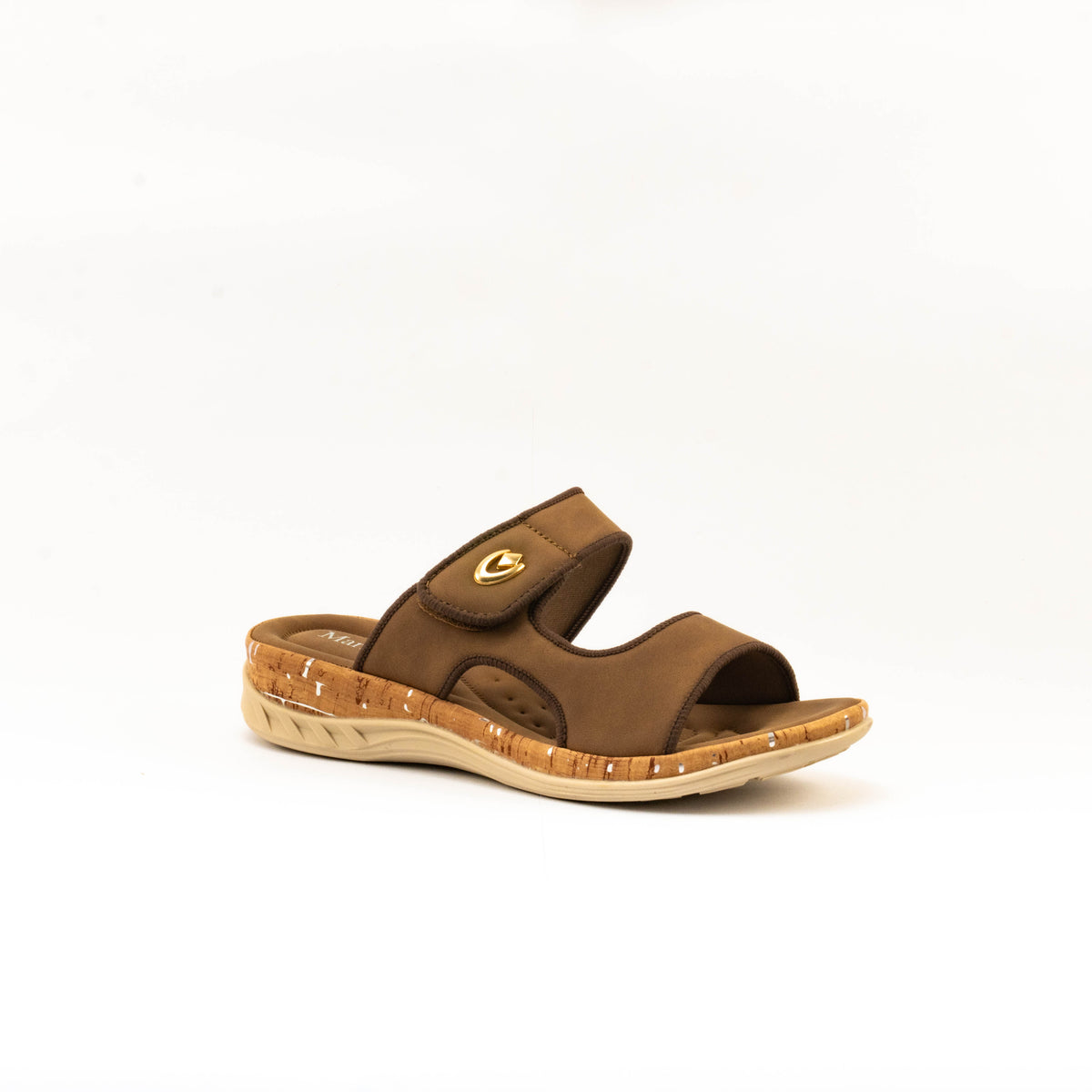 Mario D' boro Women's LZ 30542 C99 Black / Brown slip-on sandal with cork sole and gold emblem.