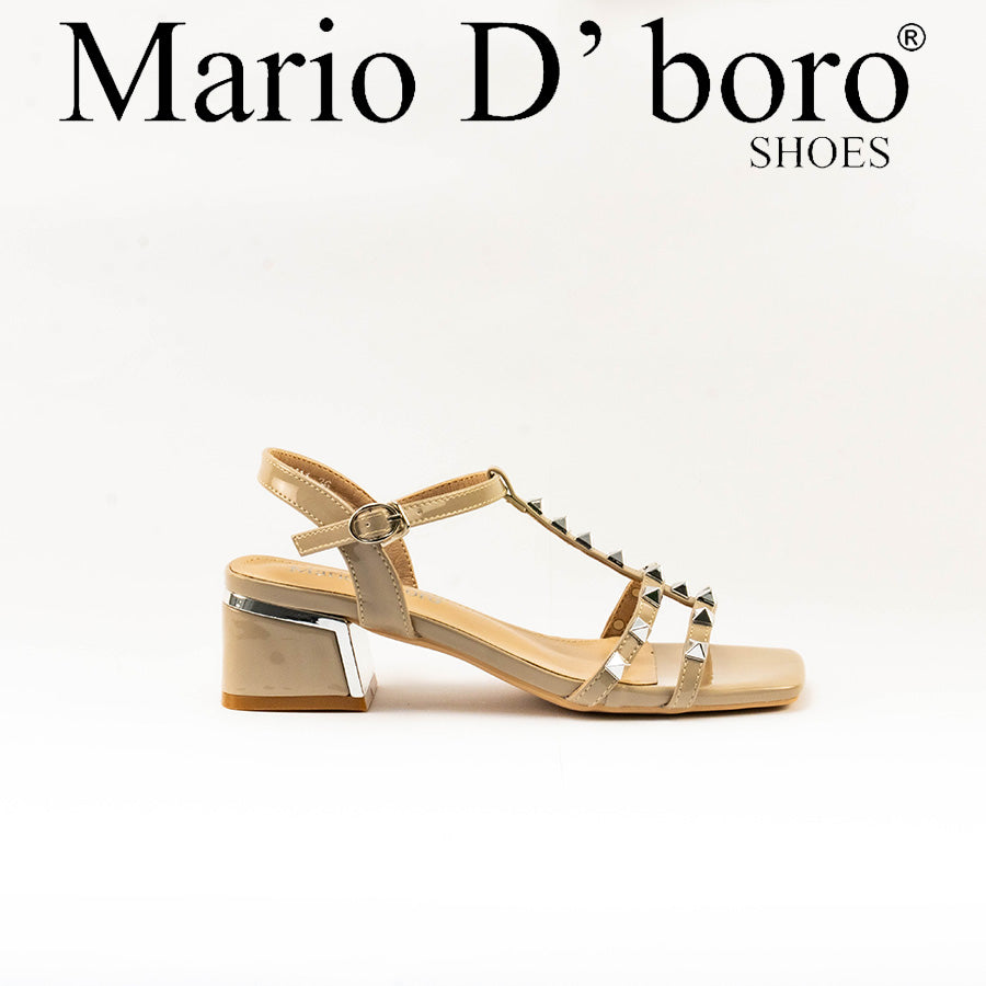 Mario D' boro Women's LZ 30411 C99 Beige / Taupe studded block heel sandal with ankle strap and square toe.