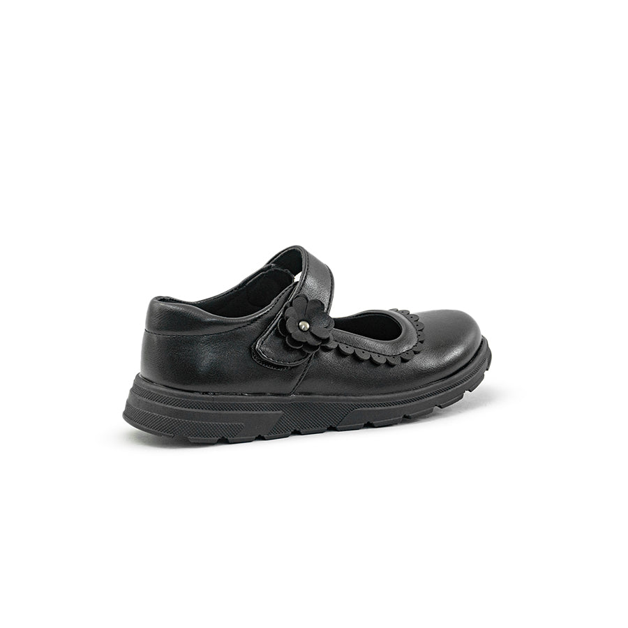 Mario D' boro Kids Girls KZ 24100 C91 Black Mary Jane shoe with strap and flower detail.