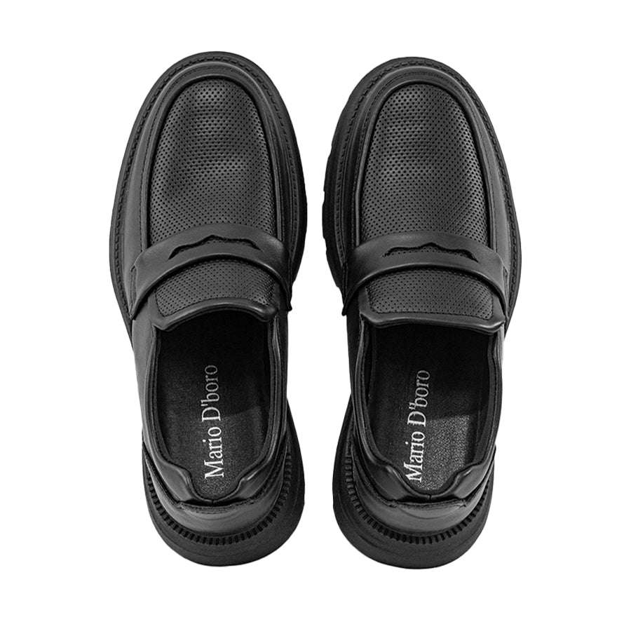 Mario D' boro Men's Formal MZ 27136 Black / Dark Brown leather slip-on shoe with thick rugged sole and textured upper.