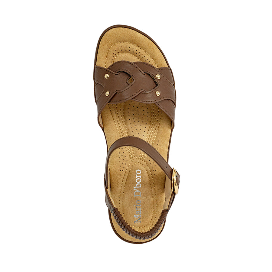 Mario D' boro Women's LZ 30400 C97 Beige / Dark Brown wedge sandal with ankle strap and decorative studs.