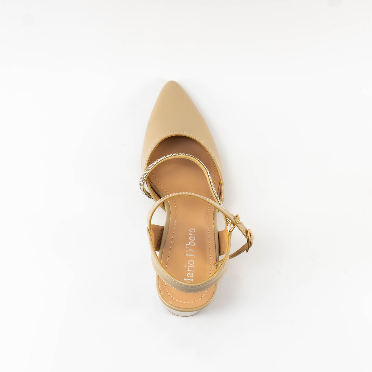 Mario D' boro Women's LZ 30435 C99 Beige / Taupe patent evening sandals with pointed toe block heel slingback shoe with ankle strap