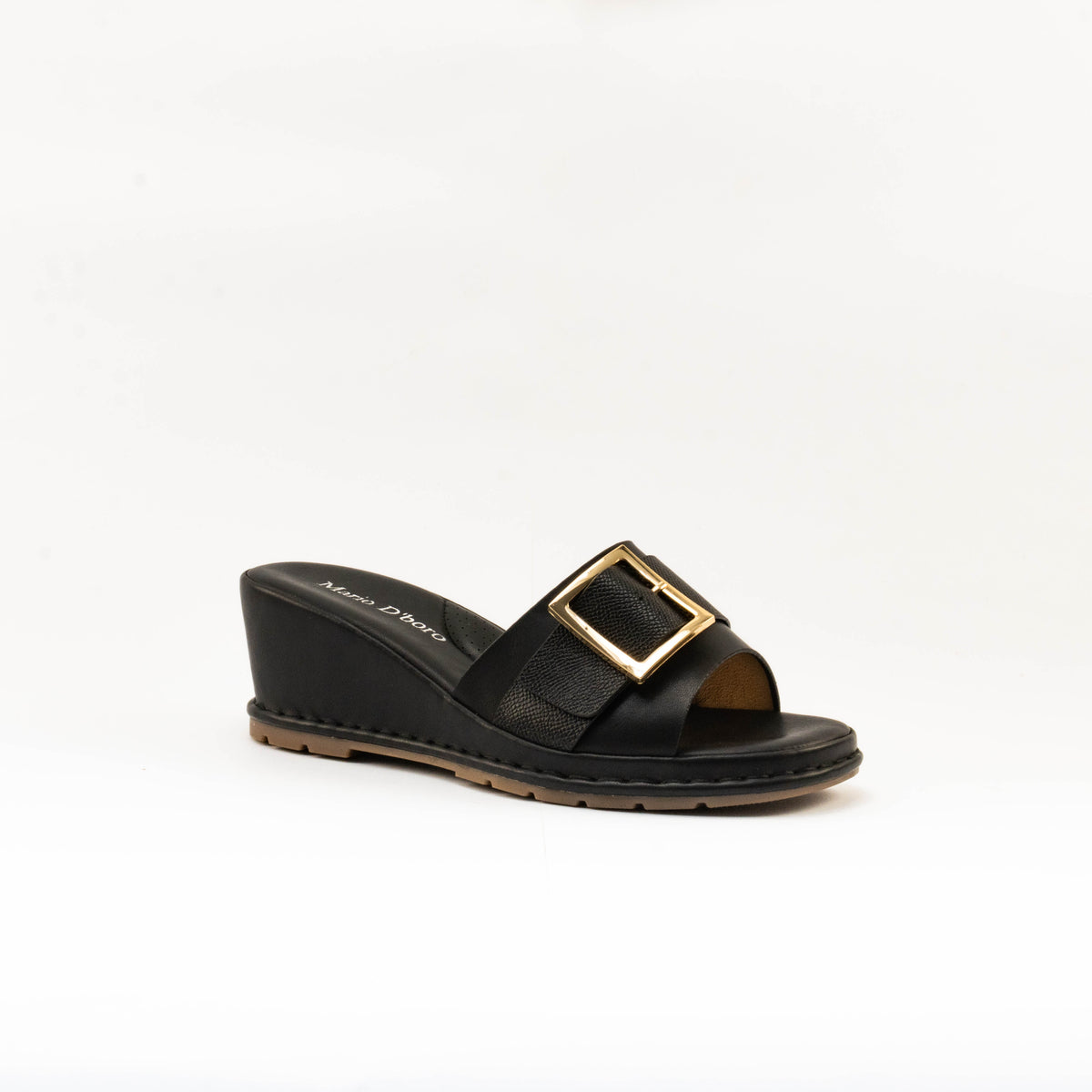 Mario D' boro Women's LZ 30445 C99 Black / Taupe wedge sandal with gold buckle strap.