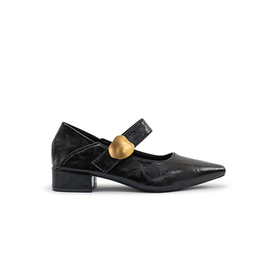 Mario D' boro Women's LZ 30312 C97 Black leather Mary Jane shoe with gold heart buckle and low block heel.