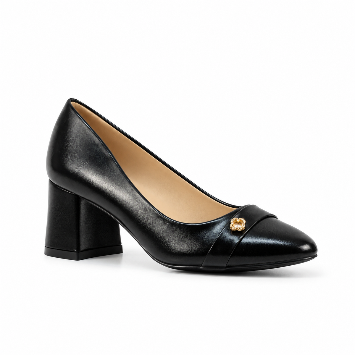 Mario D' boro LZ 30575 C102 Women's Black / Dark Brown pump with block heel and gold embellishment.