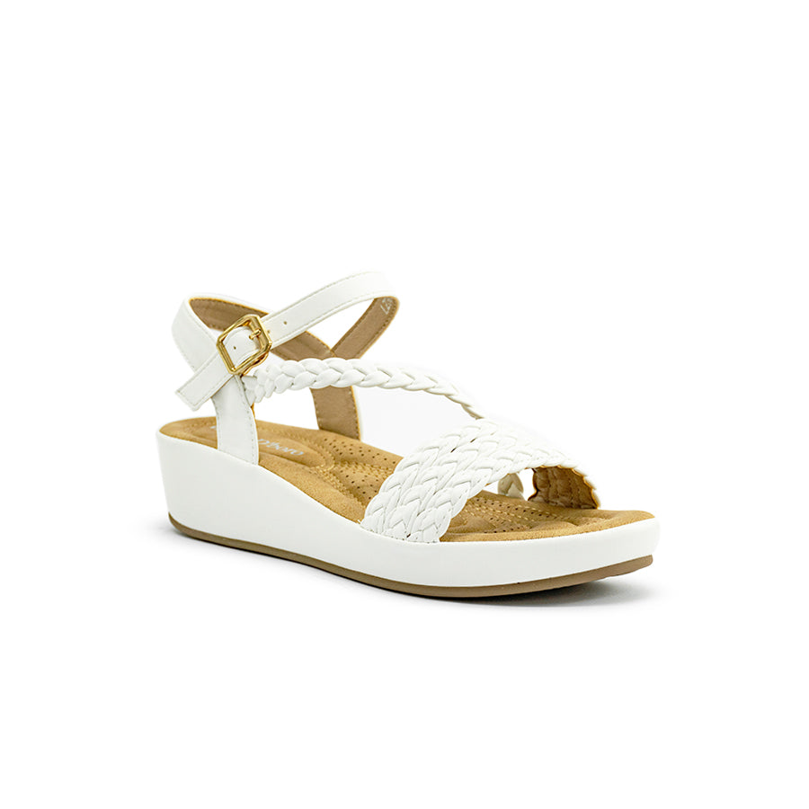 Mario D' boro LZ 30399 Black / White C97 braided wedge sandal with ankle strap and gold buckle.