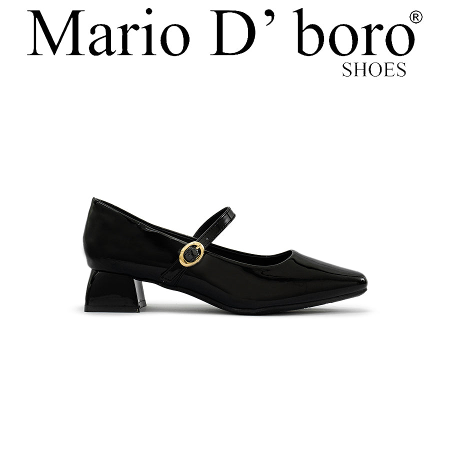 Mario D' boro LZ 30114 C97 Black patent Mary Jane shoe with square heel and gold buckle strap.