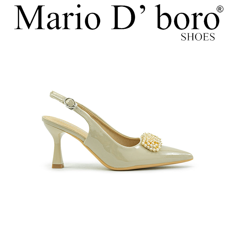 Mario D' boro LY 29663 Old Rose / Taupe patent slingback high heel with pointed toe and decorative pearl embellishment.