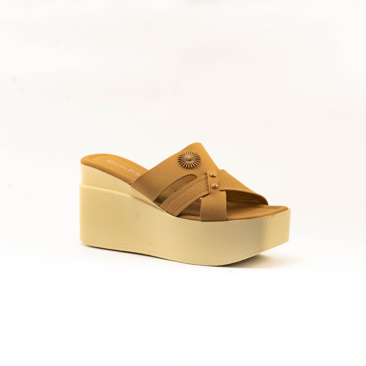 Mario D' boro Women's LZ 27834 C99 Beige / Black wedge sandals with platform sole and decorative sun emblem.