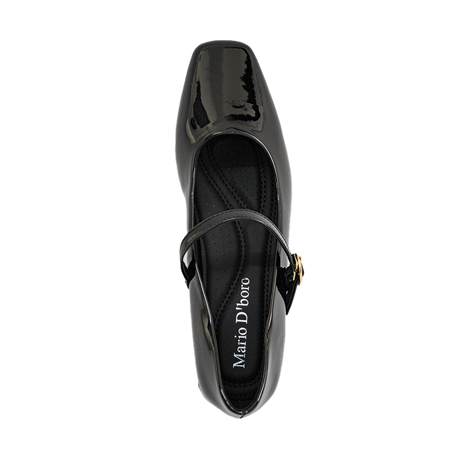 Mario D' boro LZ 30114 C97 Black patent Mary Jane shoe with square heel and gold buckle strap.