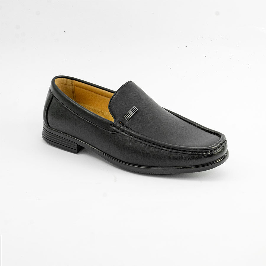 Mario D' boro MZ 27297 C98 Black leather men's loafer slip-on shoe with yellow lining and decorative metal accent.