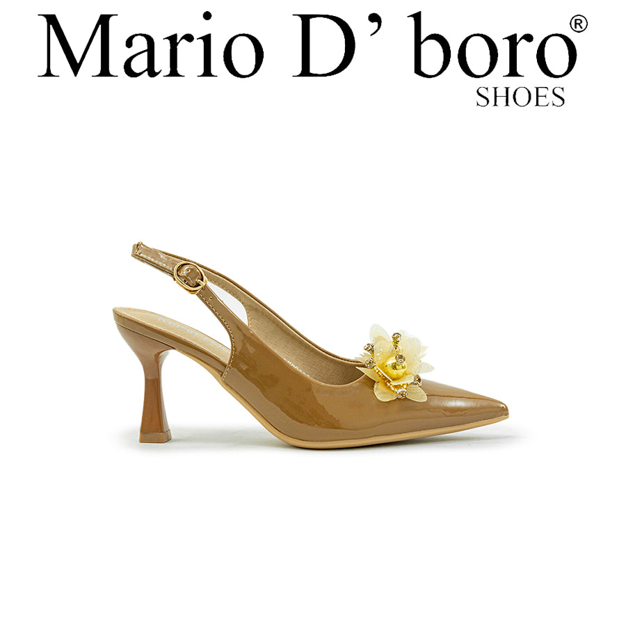 Mario D' boro LY 29665 C90 Brown / Taupe patent leather slingback high heel with pointed toe and decorative yellow flower embellishment.
