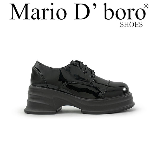 Mario D ' boro LY 25933 C90 Black patent leather platform oxford shoe with thick sole and lace-up design.