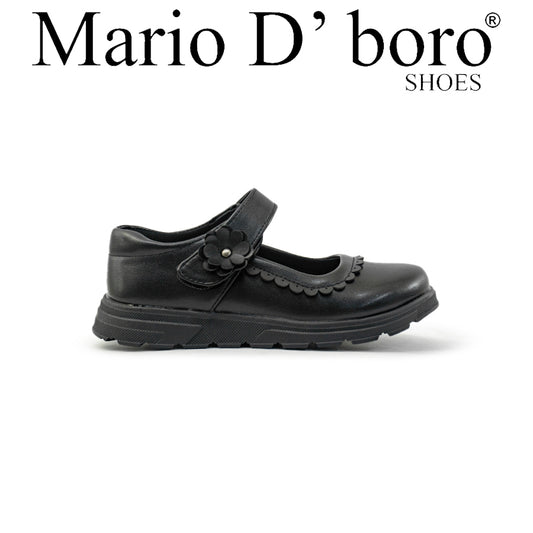 Mario D' boro Kids Girls KZ 24100 C91 Black Mary Jane shoe with strap and flower detail.