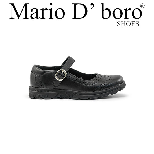 Mario D' boro Kids Girls KZ 24099 C91 Black Mary Jane shoe with buckle strap and brogue detailing. Flat sole suitable for casual wear.