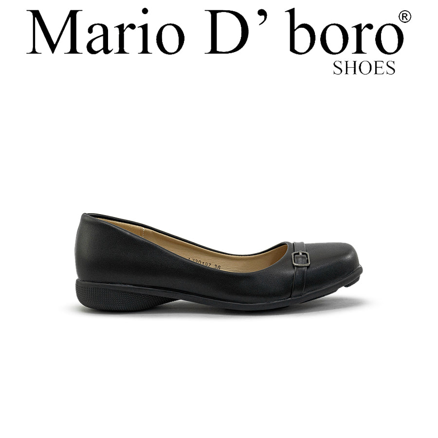 Mario D' boro LZ 30197 C92 Black women's flat shoe with buckle detail. Low heel, closed toe, smooth leather finish. Suitable for casual or office wear.