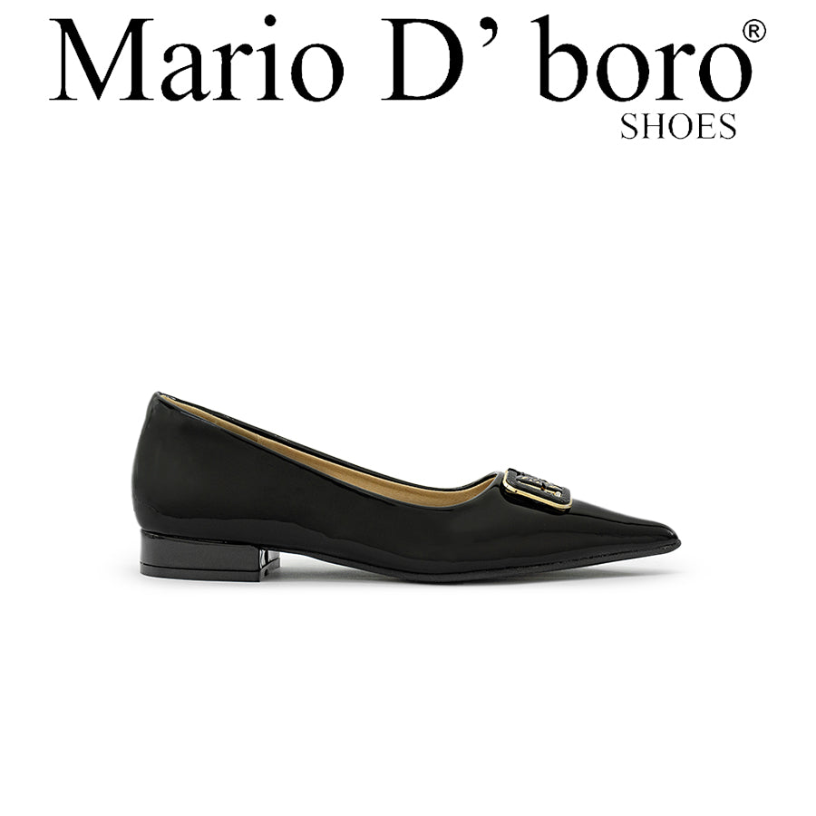 Mario D' boro Women's Ballet Flats LZ 30171 C94 Black/Taupe pointed toe flat shoe with low heel and decorative buckle.