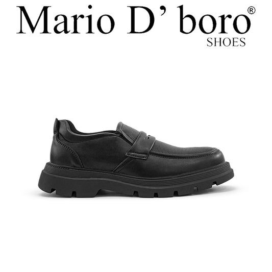 Mario D' boro Men's Formal MZ 27136 Black / Dark Brown leather slip-on shoe with thick rugged sole and textured upper.