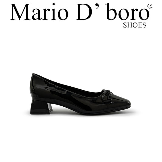 Mario D' boro Women's LZ 30110 C97 Black / Taupe patent leather pump with bow detail and block heel.