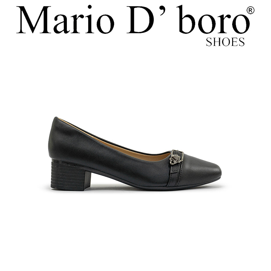 Mario D' boro LZ 29168 C97 Black leather pump with block heel and decorative buckle. Suitable for office or formal settings.