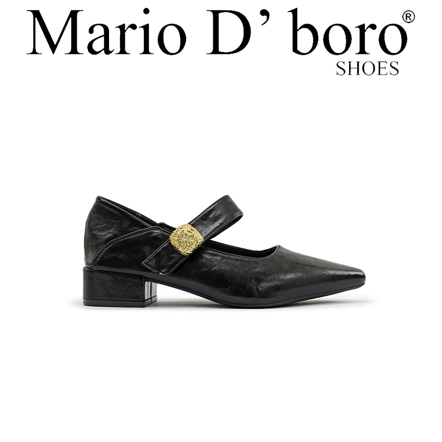 Mario D' boro Women's LZ 30311 C97 Black Mary Jane shoe with gold buckle and block heel.